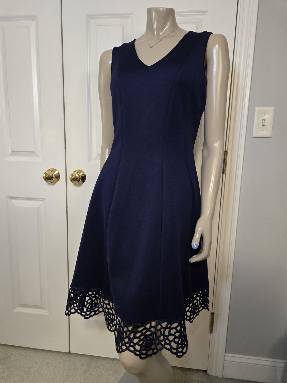 Donna Ricco Navy V-Neck A-Line Dress with Lace Hem